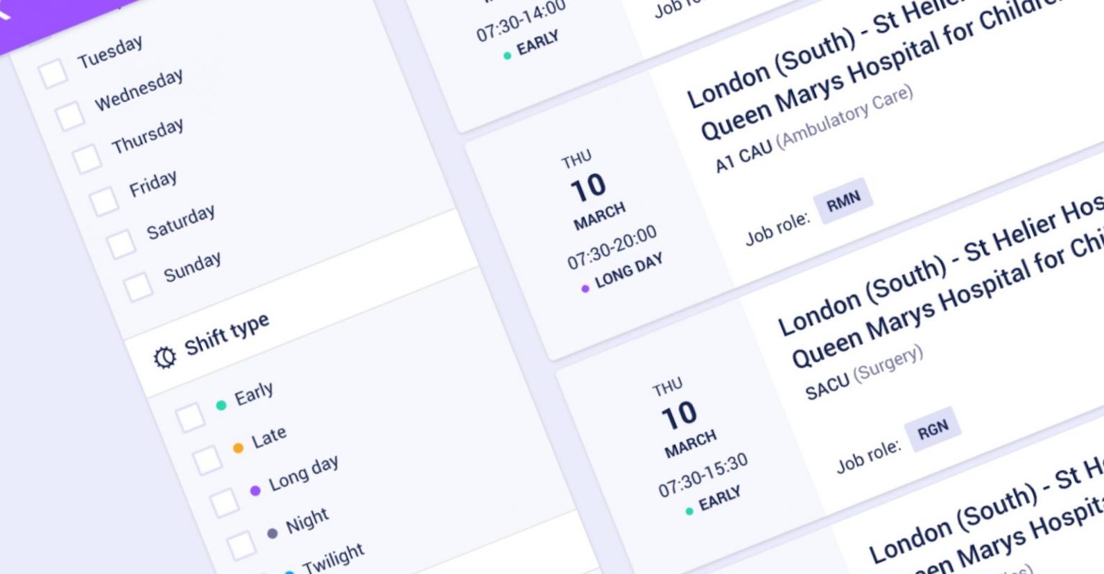 Screen from Altrix app - booking shifts