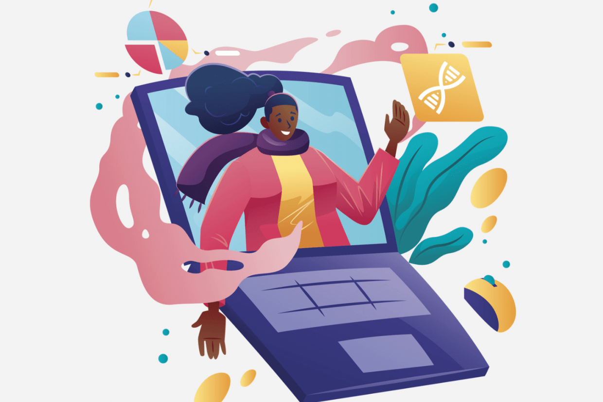 An illustration of a female teacher coming out of a laptop in vibrant colors
