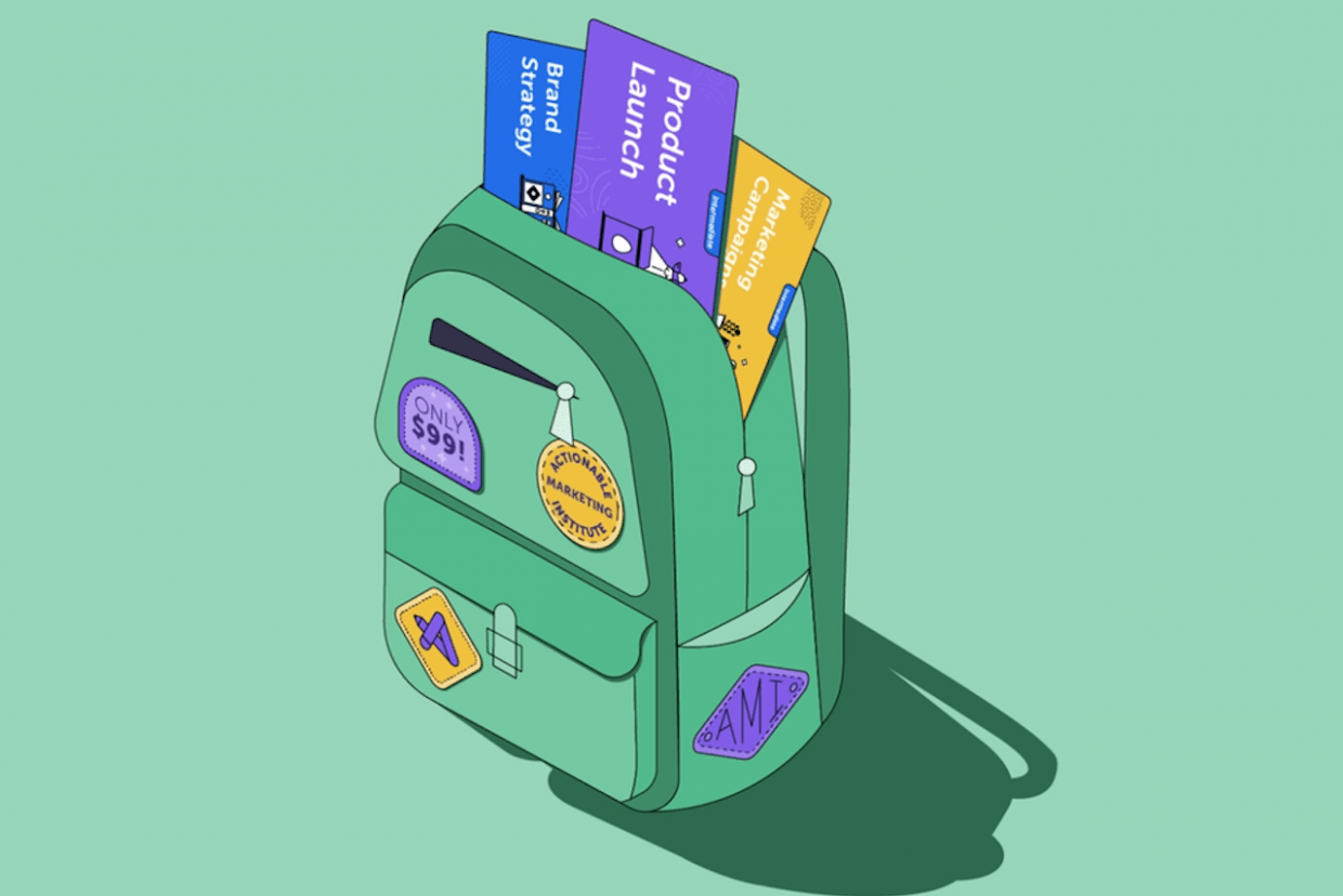 A green backpack with purple, yellow, blue books inside of it on a green background
