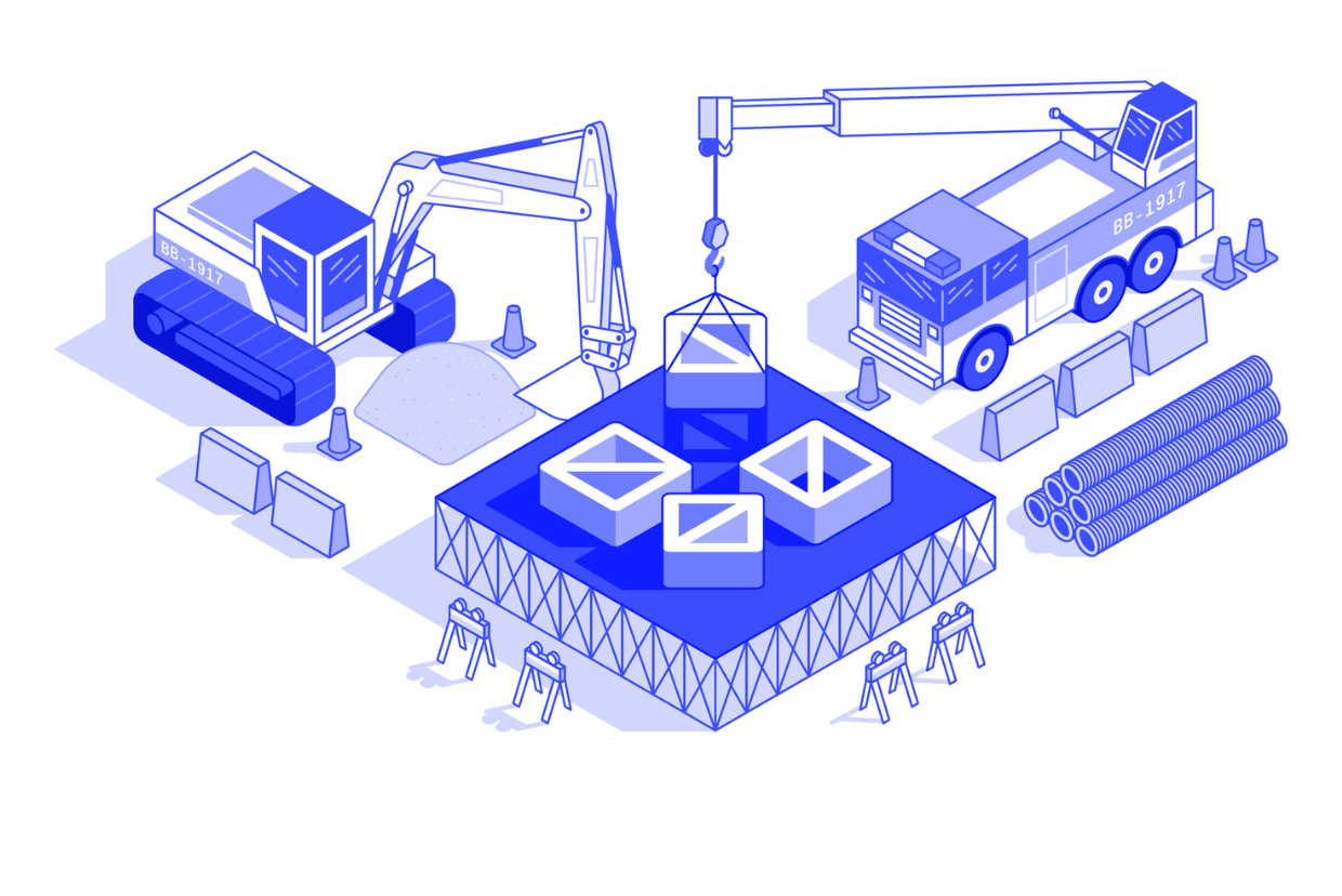 Illustration in blue and white of a construction site in progress