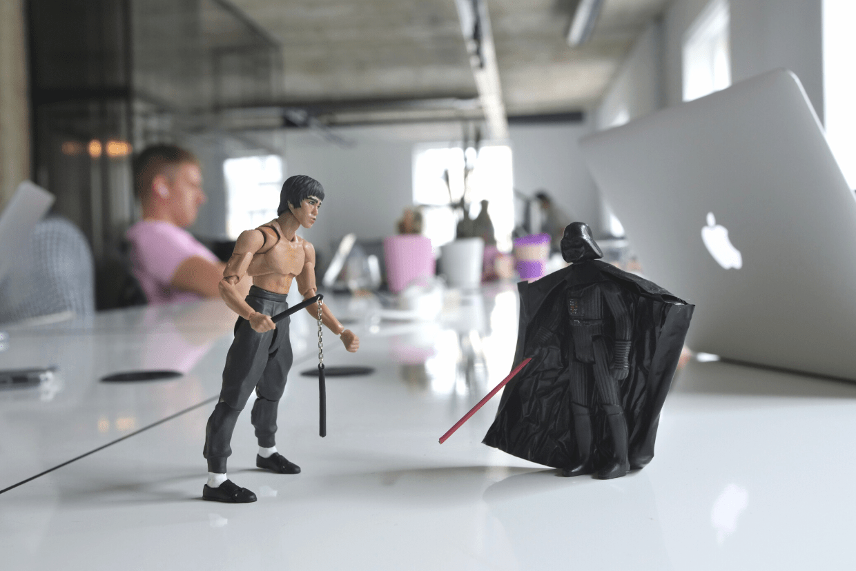 Darth Vader and Bruce Lee fighting in Despark office